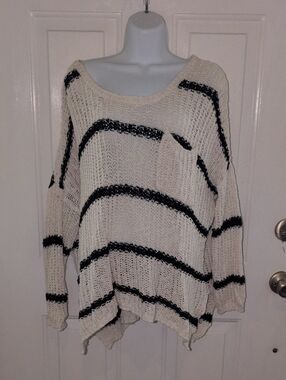 Free People Cream Open-Knit Scoop Neck Sweater with Black Stripes
